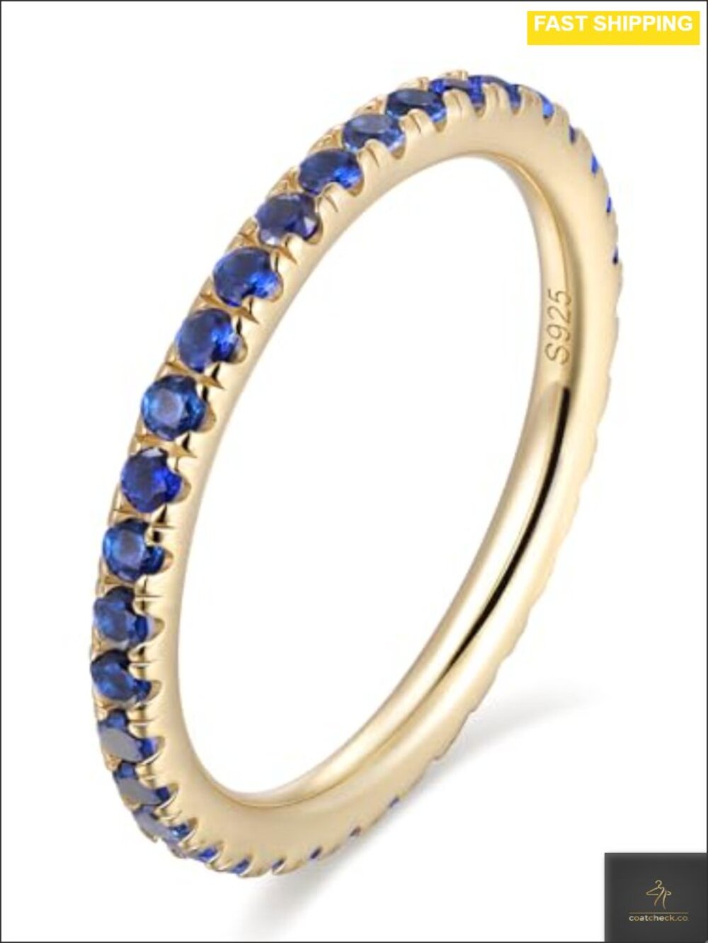 Genuine Sapphire Eternity Ring Solid 925 Sterling Silver Yellow Gold Plated